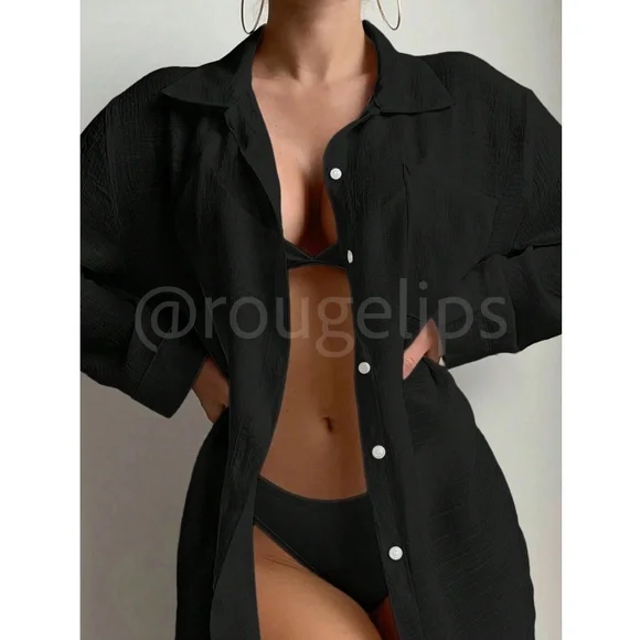 Black Long Button Up Shirt Beach Coverup Long Sleeve